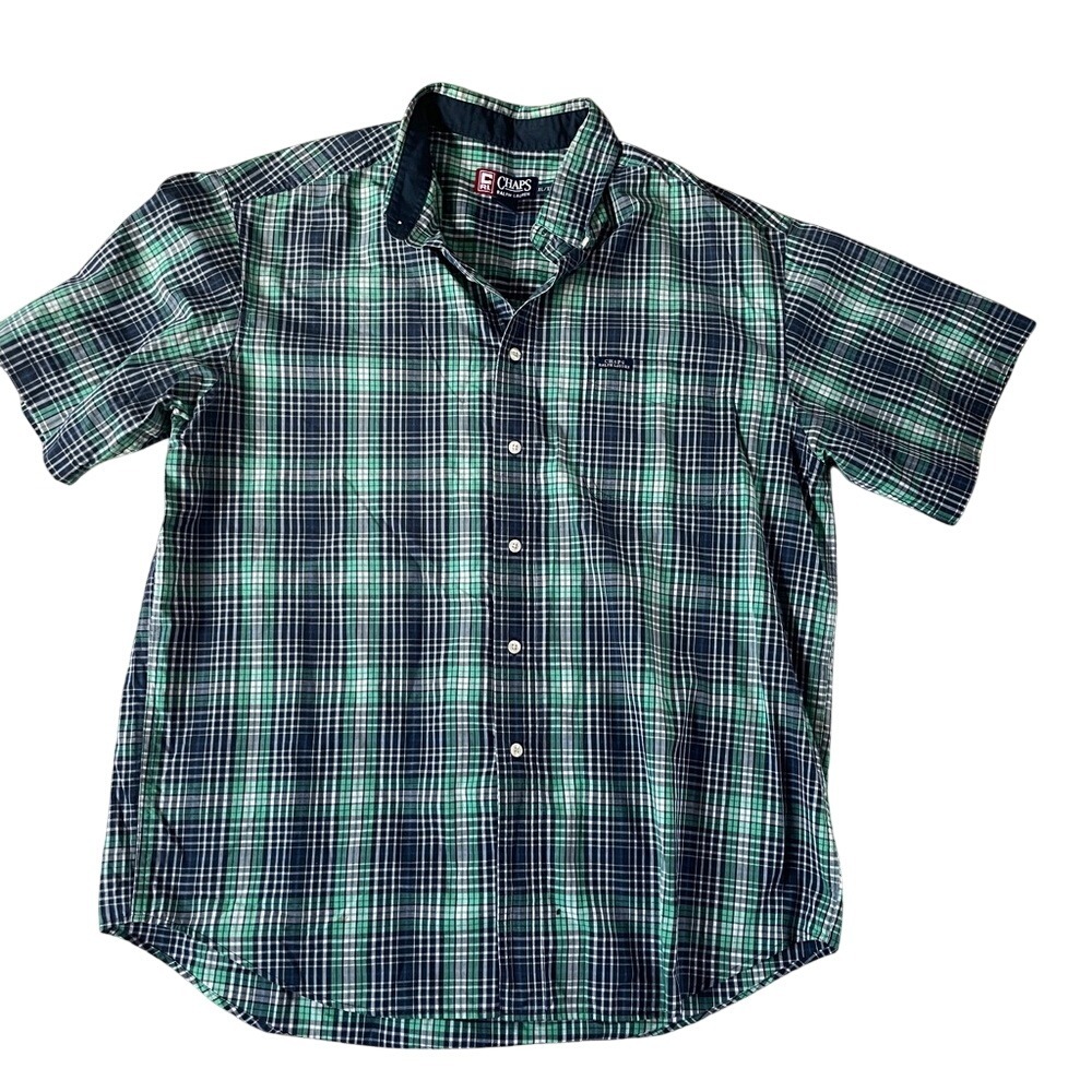 Chaps Ralph‎ Lauren Mens XL Short Sleeve Plaid Button Down Shirt Green Navy Blue